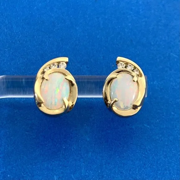 Designer 14K Yellow Gold Oval Opal Diamond Accented Stud Earrings